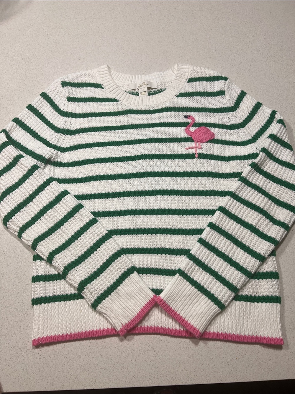 Lilly Pulitzer Jovienne Cotton Sweater, green white stripe, pink trim. Like New. - Picture 5 of 9